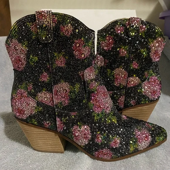 Betsy Johnson Black Floral Diva Western Embellished Ankle Boots - Picture 6 of 15